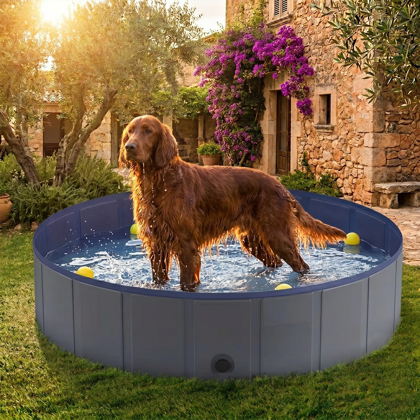 Foldable Dog Pool – lifestyle shot with dog splashing