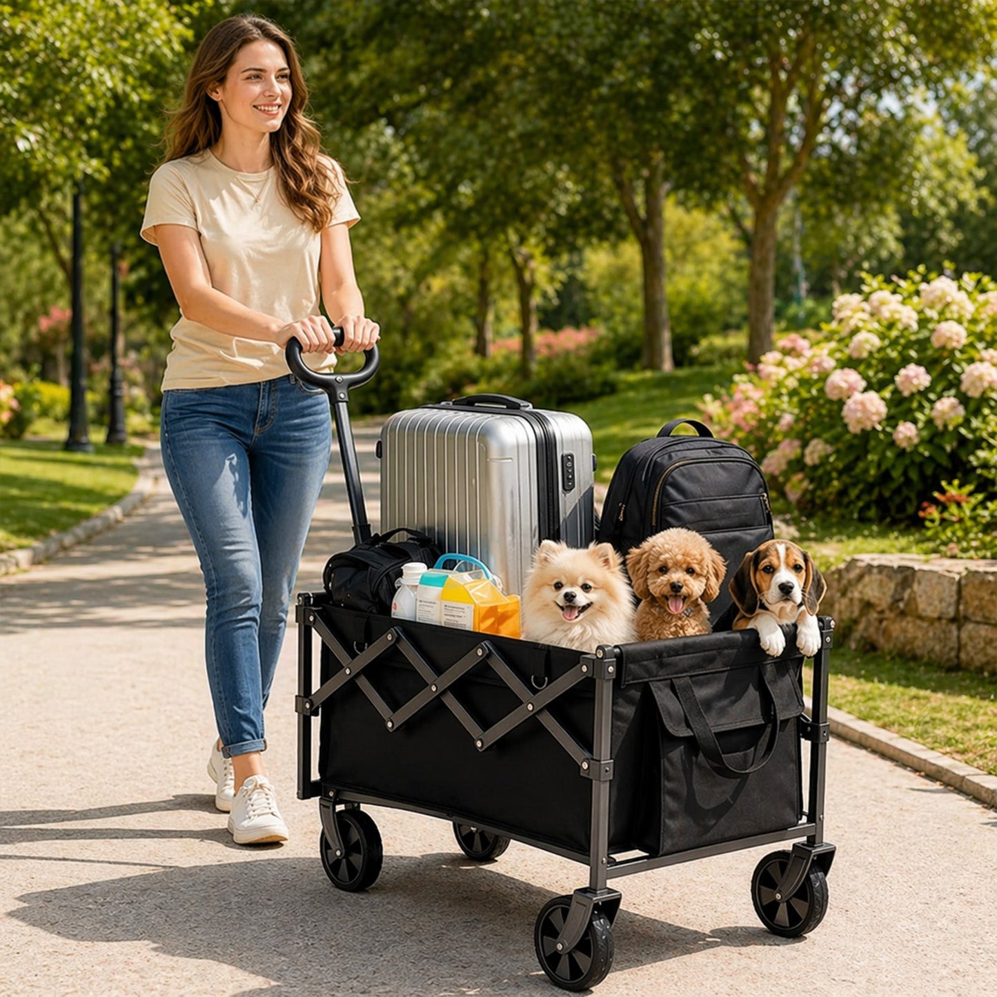 Collapsible Wagon Pet Cart – dog riding in cart