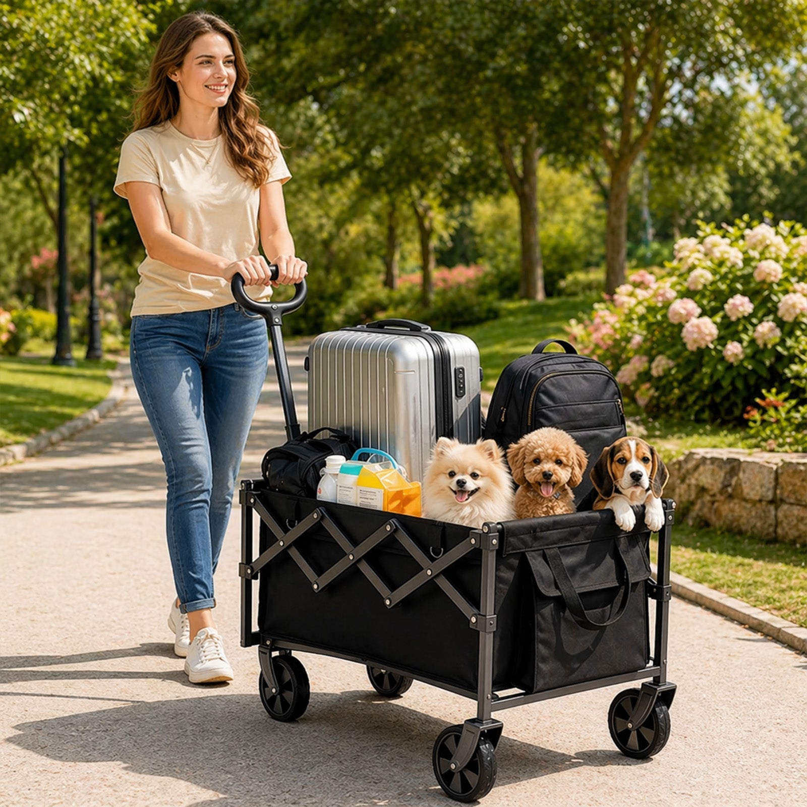 Collapsible Wagon Pet Cart – dog riding in cart