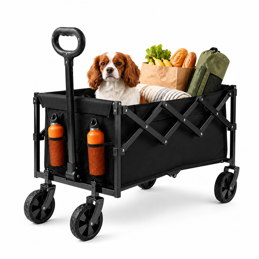 Collapsible Wagon Pet Cart with Wheels – Foldable Grocery Dog & Cat Cart for Garden, Shopping, Camping & Sports | Heavy-Duty Frame for Pets & Gear | Black